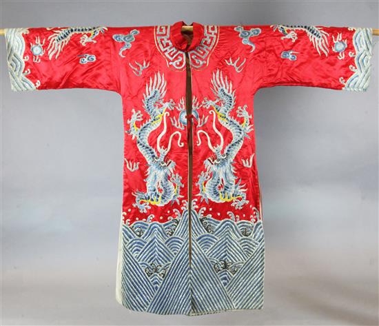 A Chinese embroidered silk dragon robe,